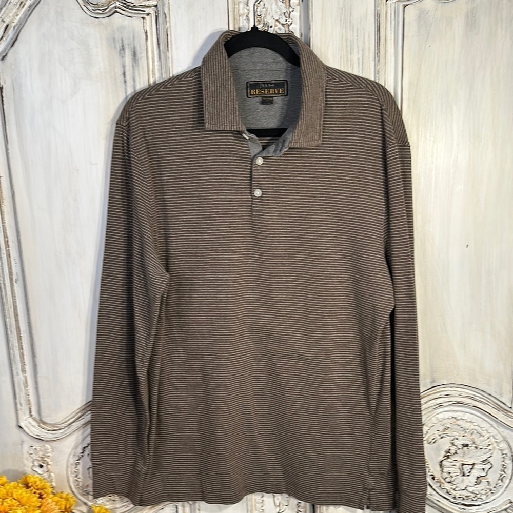 Jos. A. Bank Reserved Men's Soft Brown Striped Long Sleeve Polo Shirt